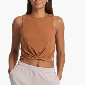 Vuori Cove High Neck Tank in Palo Santo Large Ribbed Twist Front Tan Cropped Top